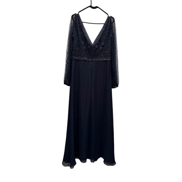 Adrianna Papell 40398 Bishop Sleeve Beaded Bodice Dress, Navy, 16, MOB, Preowned - Picture 2 of 14
